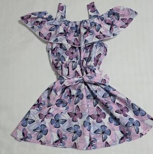 Butterfly Print Off Shoulder Girl's Dress in Pink and Blue